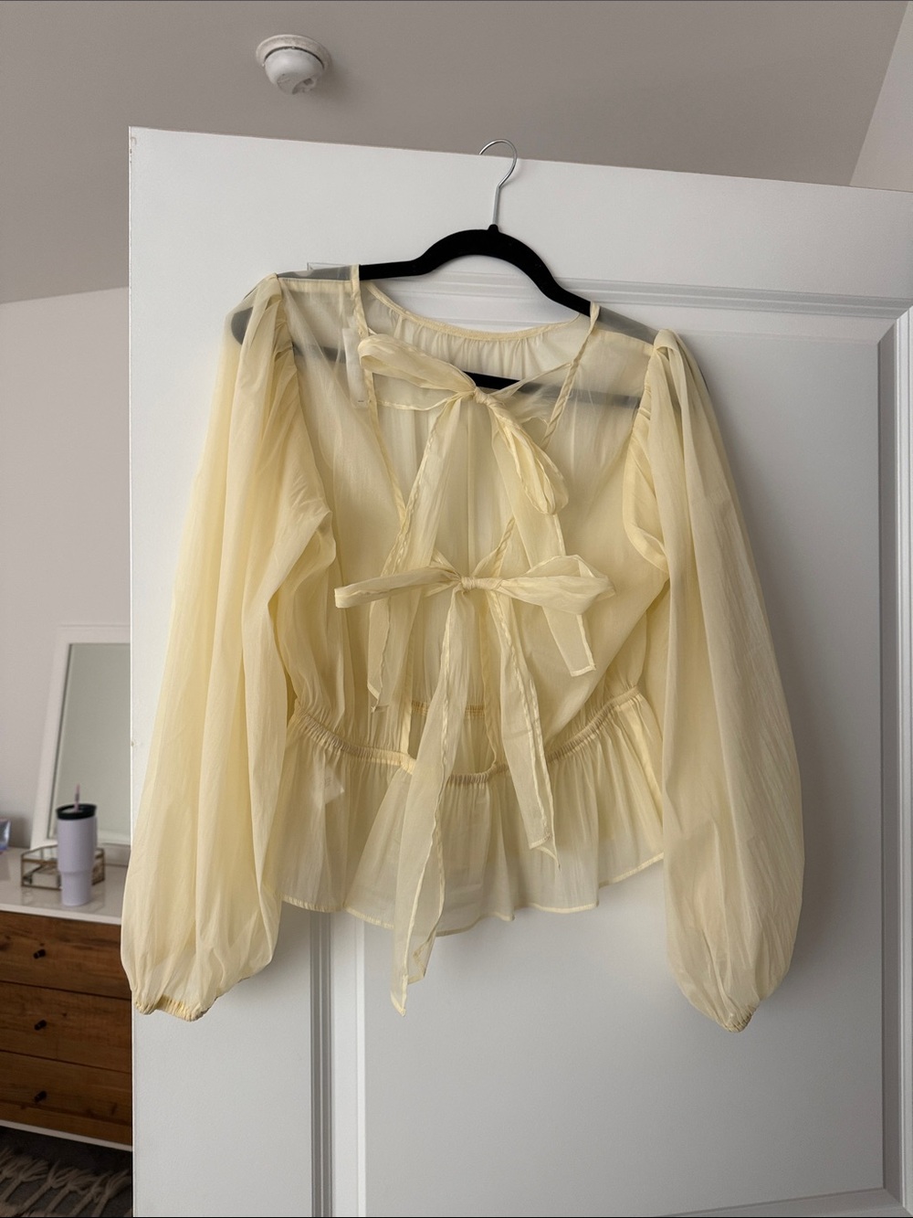 ASTR Sheer Bow-Tie Long Sleeve Blouse - Pale Yellow